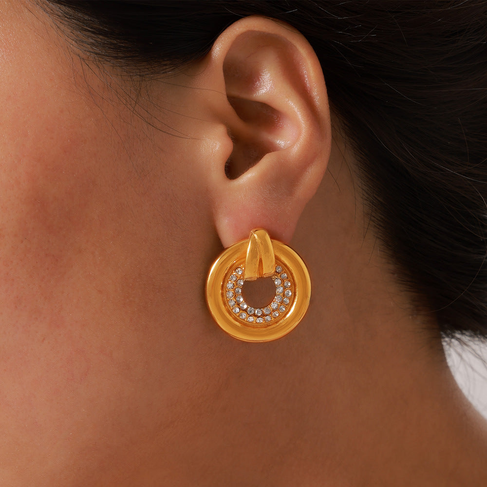 Dazzling Hollow Zircon Ring & Titanium Gold-Plated Earrings Set
