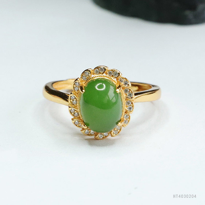925 Sterling Silver Hetian Jasper Leaf Ring