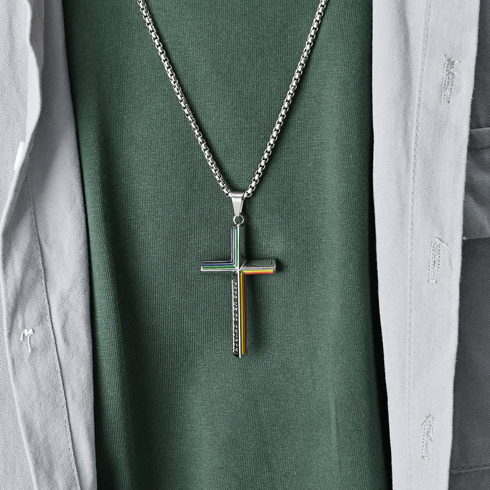 Cross-Border Temu Rainbow Flag Stainless Steel Cross Necklace for Men