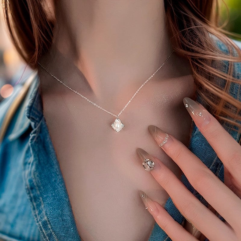 Planderful S925 Silver Imitation Pearl Necklace For Women Light Luxury Collarbone Chain Jewelry