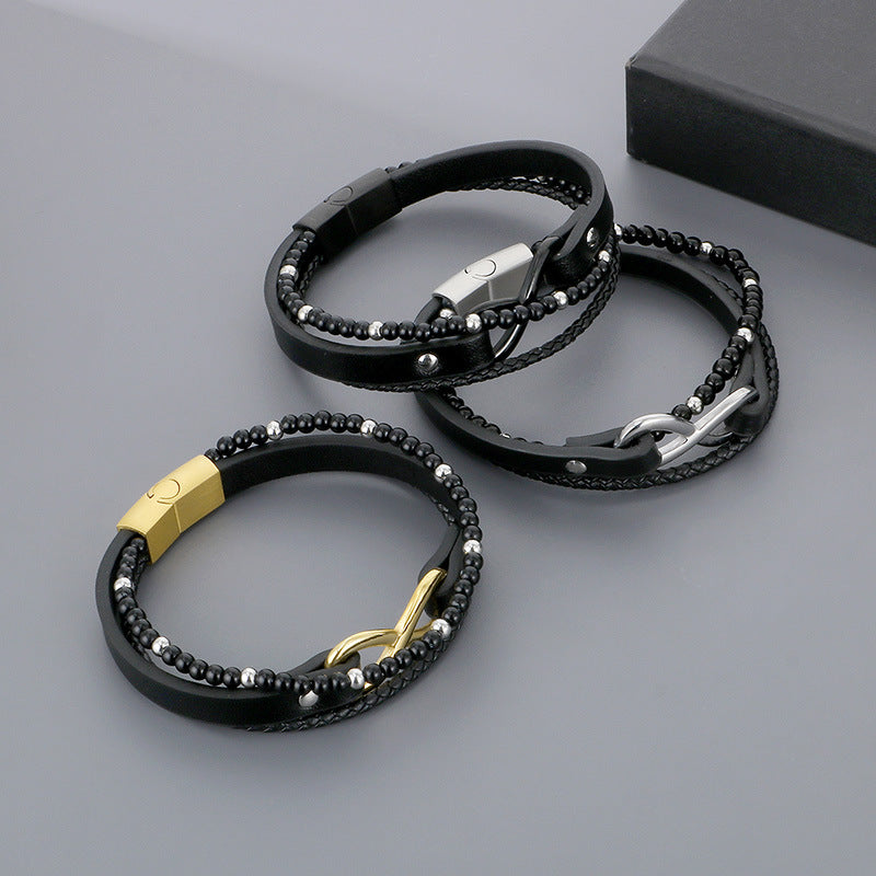 Multi-Layer Woven Leather Rope Men's Bracelet – Titanium Steel Figure-Eight Infinity