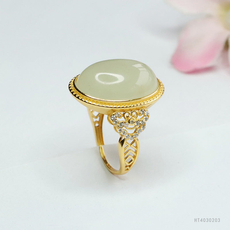 925 Sterling Silver Qingshui Hetian Jade Ruyi Ring