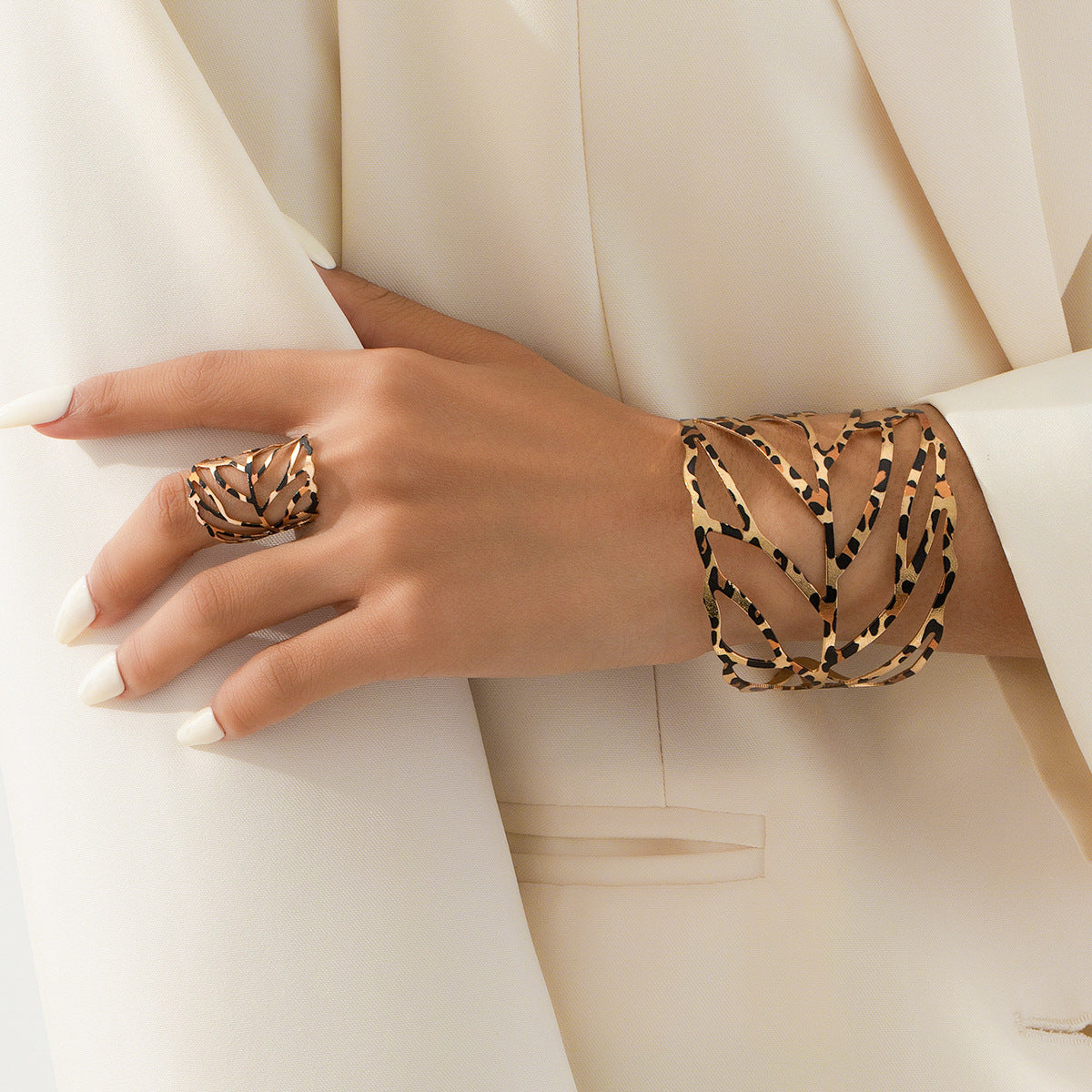 Stylish Metal Leaves Women's Bracelet Ring Set by Planderful