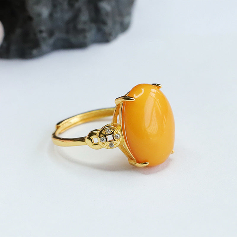 Vivid Beeswax Amber and Zircon Sterling Silver Adjustable Ring