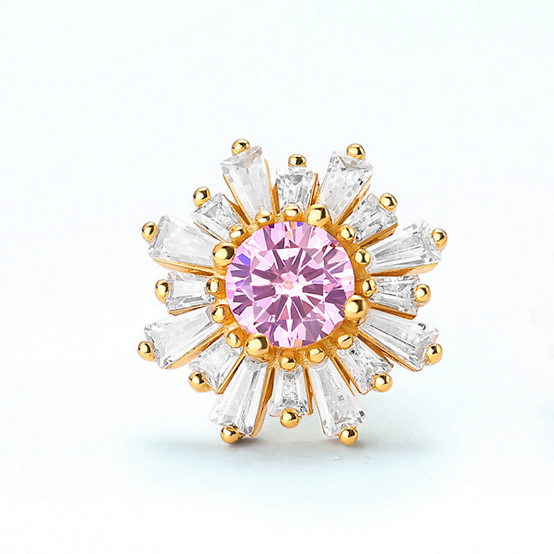 Zircon Pink Sun Flower Sterling Silver Stud Earrings