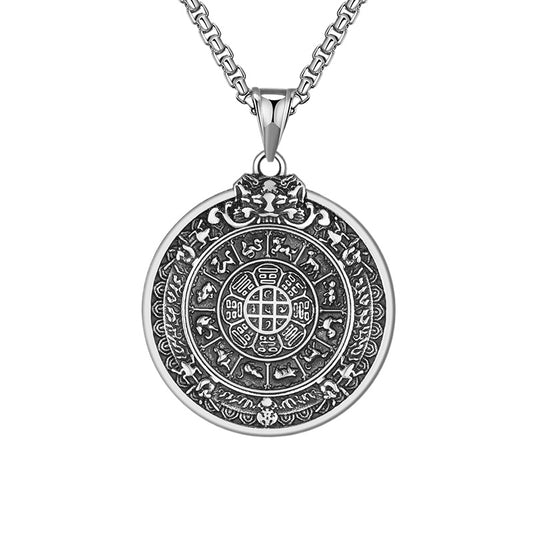 Titanium Steel Necklace – Vintage Tibetan Jiugong Eight Treasures Zodiac Pendant For Men And Women