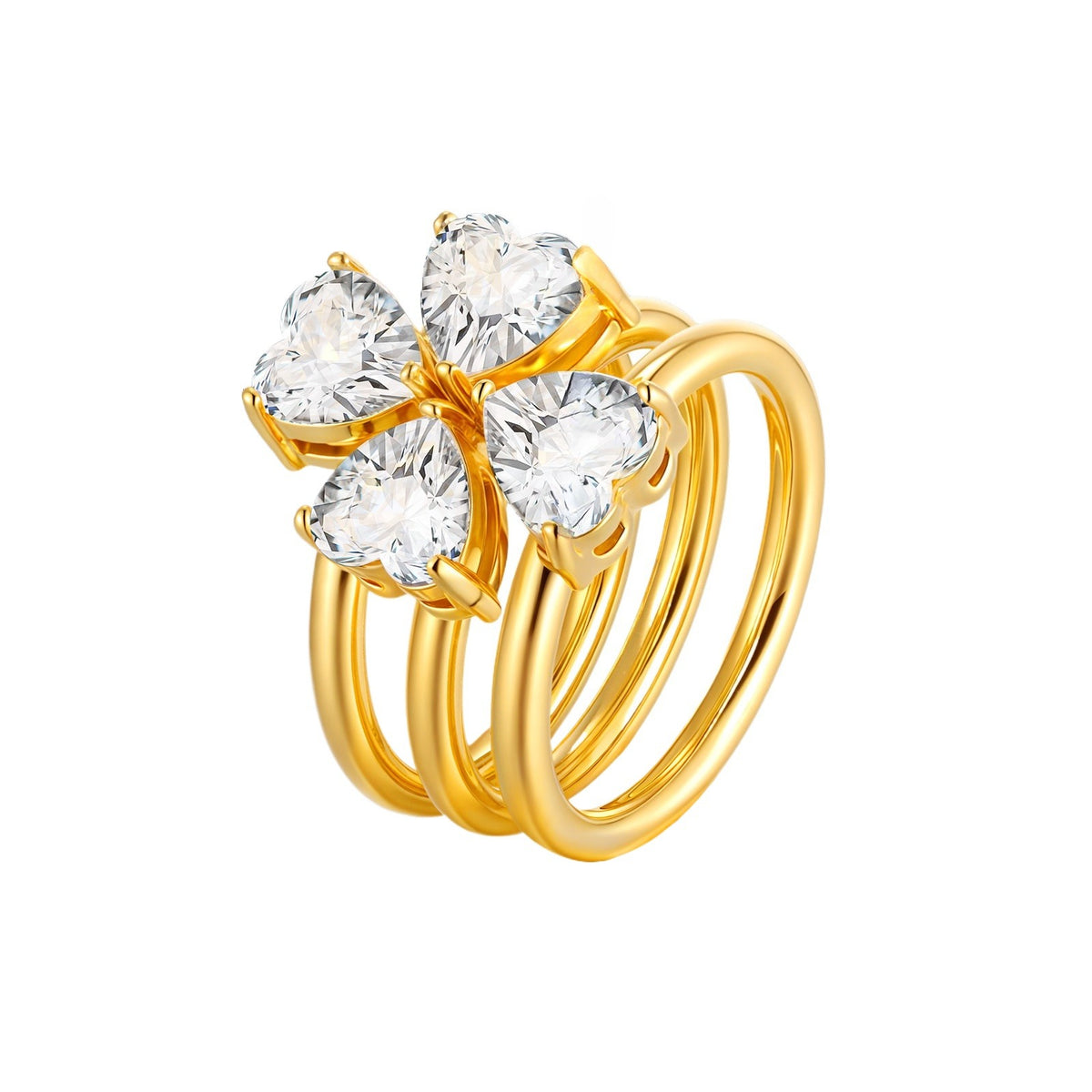 Stainless Steel Design Ring Heart-Shaped Zircon Four-Leaf Flower Opening Three-Piece Ring