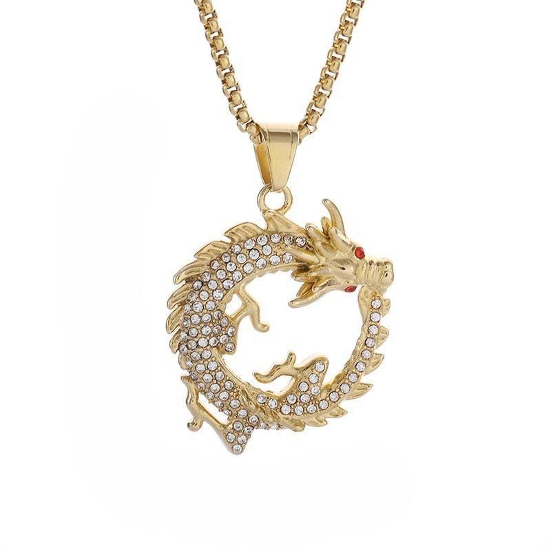 Planderful Dragon Pendant Necklace Titanium Steel Gold Plated Zircon For Urban Hip Hop Fans