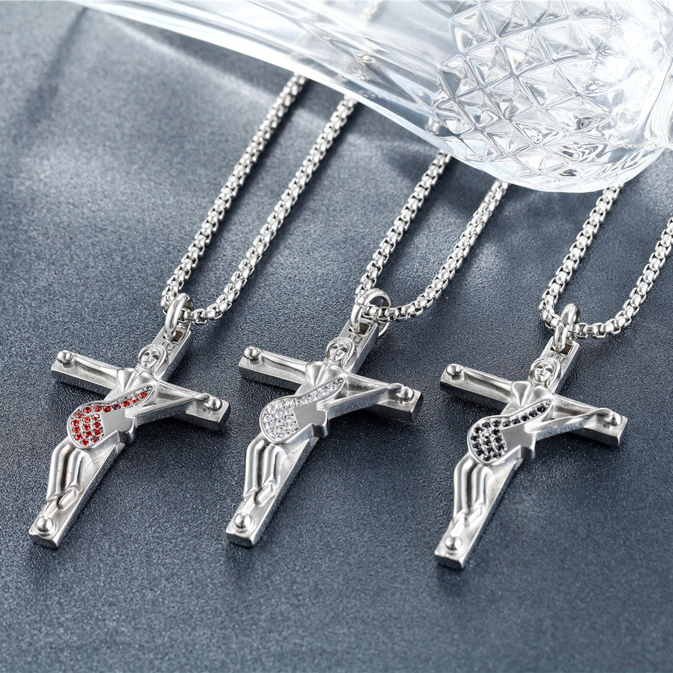 Rock Guitarist Crucifix Zircon Titanium Steel Necklace for Men
