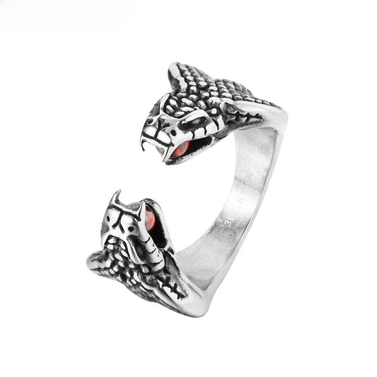 Double Viper Snake with Red Beads Titanium Steel Ring for Men