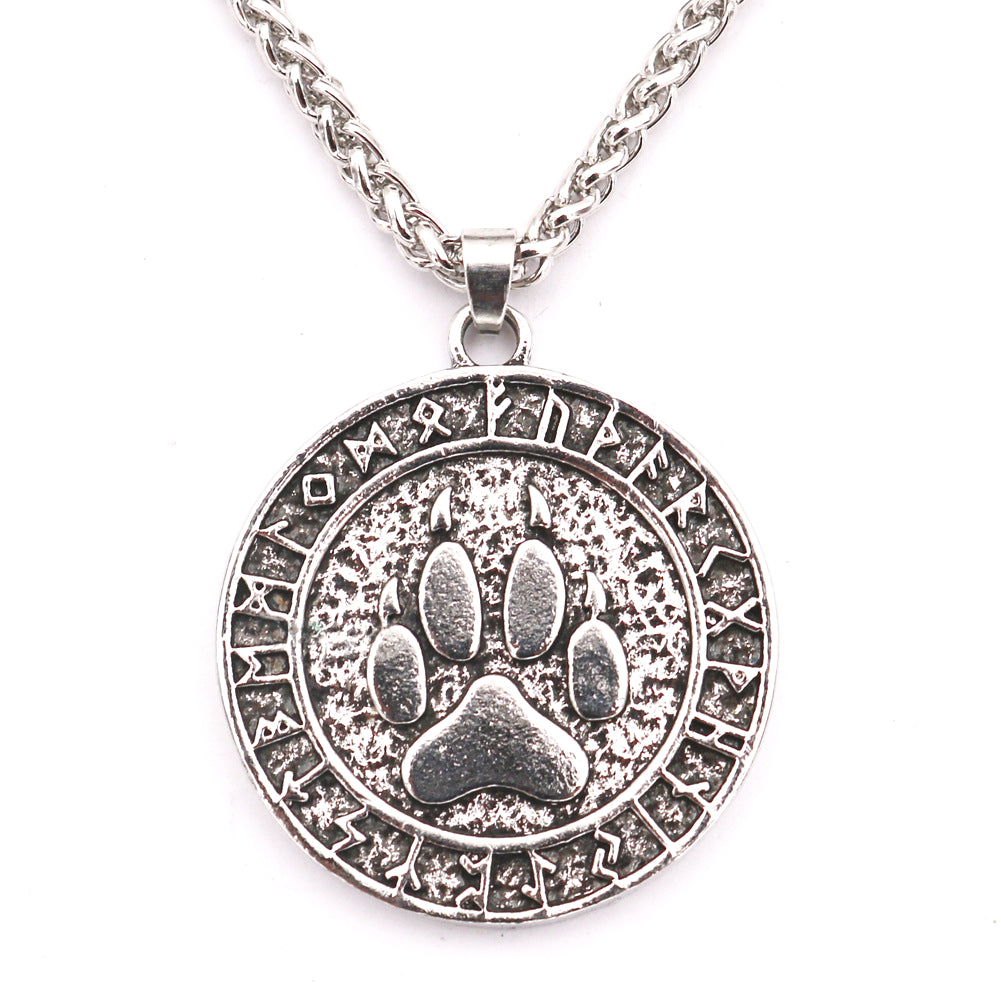 Viking Bear Claw Metal Necklace with Rune Pendant - Nordic Mythology Jewelry for Men