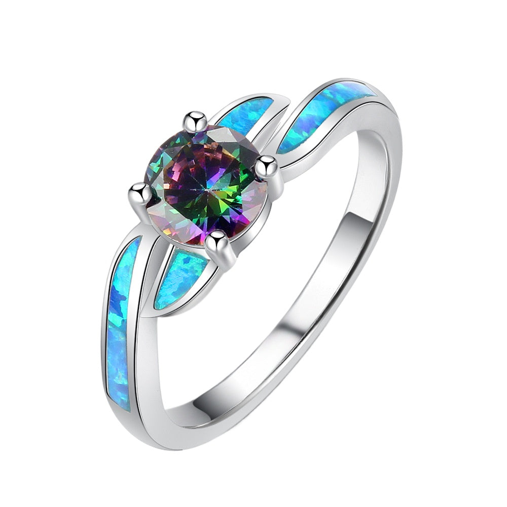 Planderful Jewelry Opal Ring In Sterling Silver With Colorful Play Of Color Gemstones