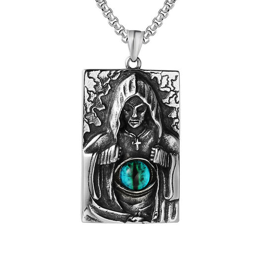 Wizard Ghost Eye Cross Double Side Rectangle Titanium Steel Necklace for Men