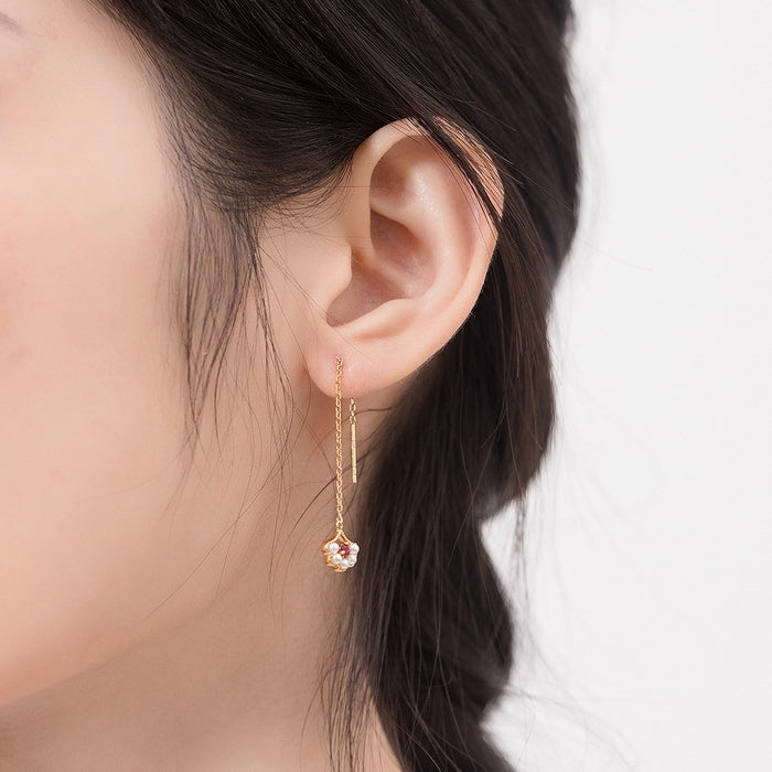 Red Corundum Pearl Ginkgo Leaf Pendant Sterling Silver Ear Line Earrings
