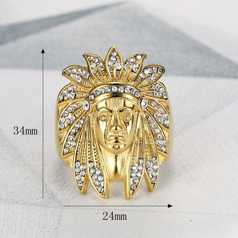 Planderful Collection Hip Hop Ring For Men Titanium Steel Gold Plated Zircon Indian Chief Bold Statement