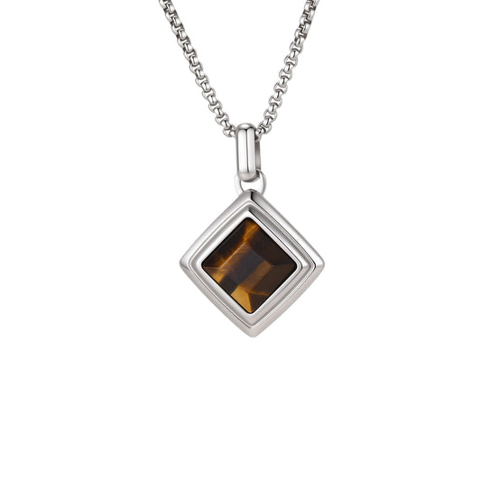 Men's Stainless Steel Square Tiger's Eye Stone Pendant Necklace Punk Stacked Wear