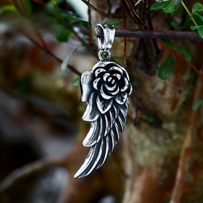Stylish Titanium Steel Rose Feather Pendant for Men and Women - Wholesale Retro Jewelry Collection