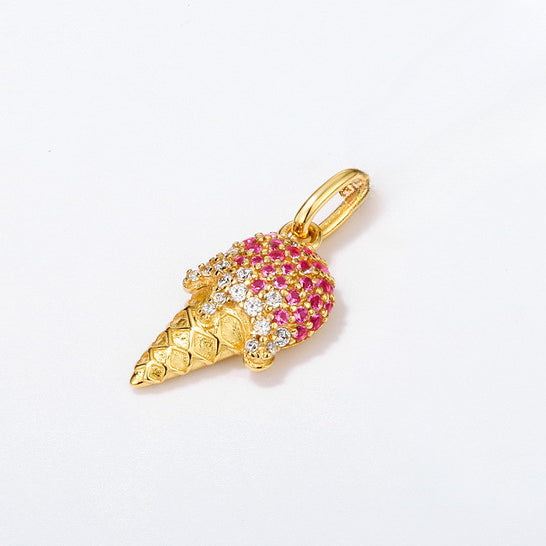 Red and White Zircon Ice Cream Cone Sterling Silver Pendant