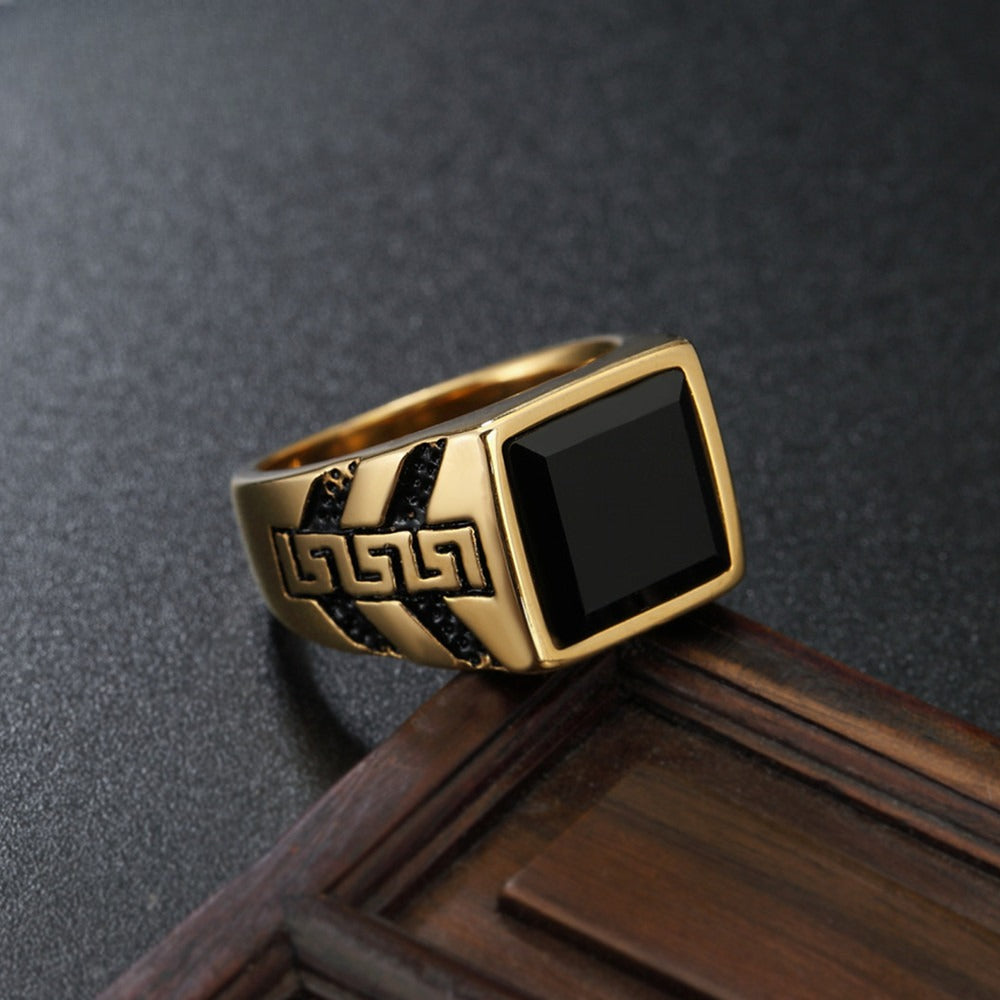 Titanium Steel Ring With Great Wall Pattern Black Stone For Men Unisex Protection Statement By Planderful Everyday Genie