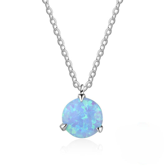 Solitaire Round Blue Opal Sterling Silver Necklace