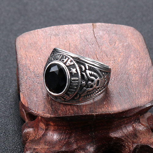 Personalized Retro Military Ring for Men - Double Eagle Design in Titanium Steel with Black Zircon Accents