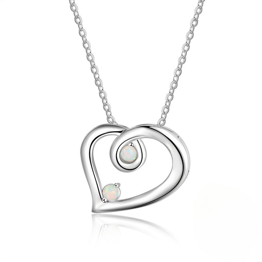 Hollow Heart Pendant Double Round Opal Sterling Silver Necklace