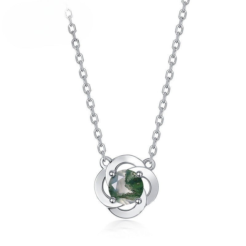 S925 Sterling Silver Moss Agate Clover Necklace