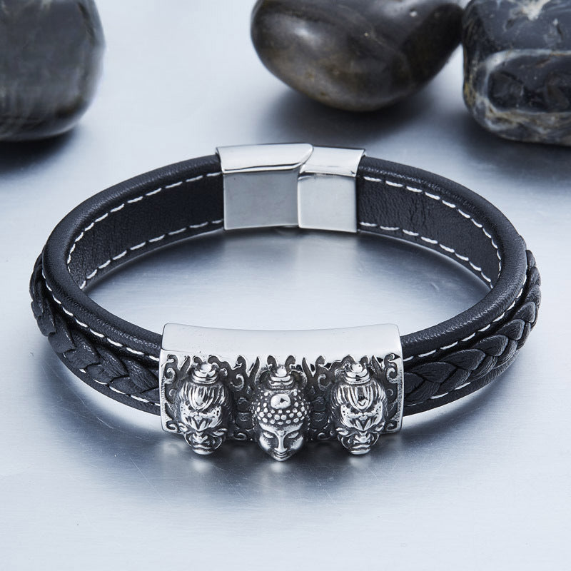 Stainless Steel Buddha Bracelet with Leather Splicing - Stylish Men's Jewelry for Spirituality and Elegance