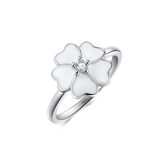 Elegant Sterling Silver Four-leaf Clover Enamel Ring with Zircon Gems