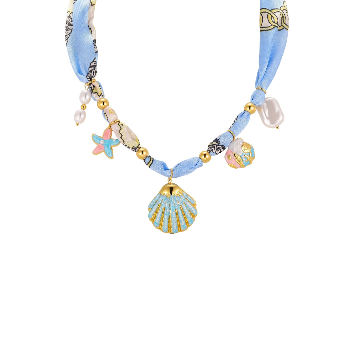 European – American Bohemian Stainless Steel Imitation Pearl Sunflower Printing Silk Necklace