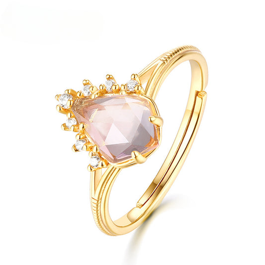 Geometric Water Droplet Pink Crystal Openg Silver Ring
