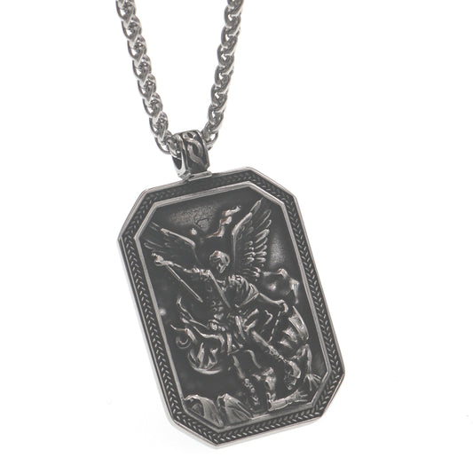 Mythical Angel Shield Pendant Necklace with Norse Runes Stainless Steel Chain