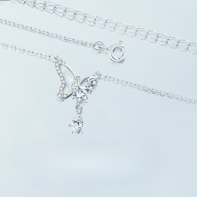 Planderful Sterling Silver Moonlight Butterfly Necklace With Mother Of Pearl Zircon Collarbone Gift For Girlfriend