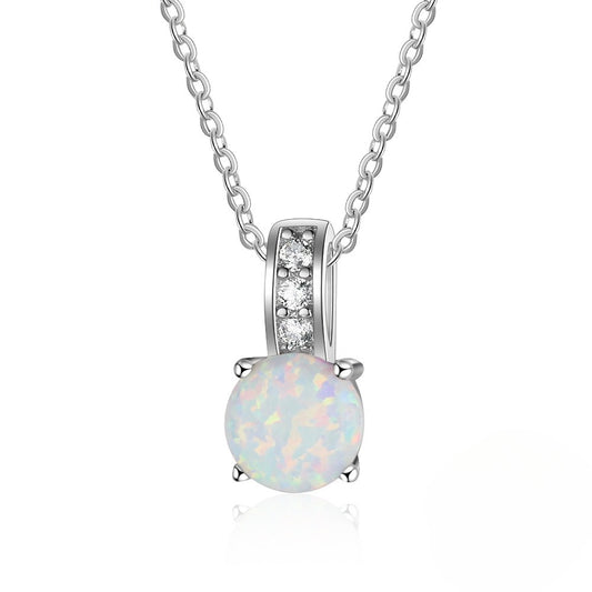 Planderful Jewelry Opal Necklace In Sterling Silver Four Claw Pendant With Zircon