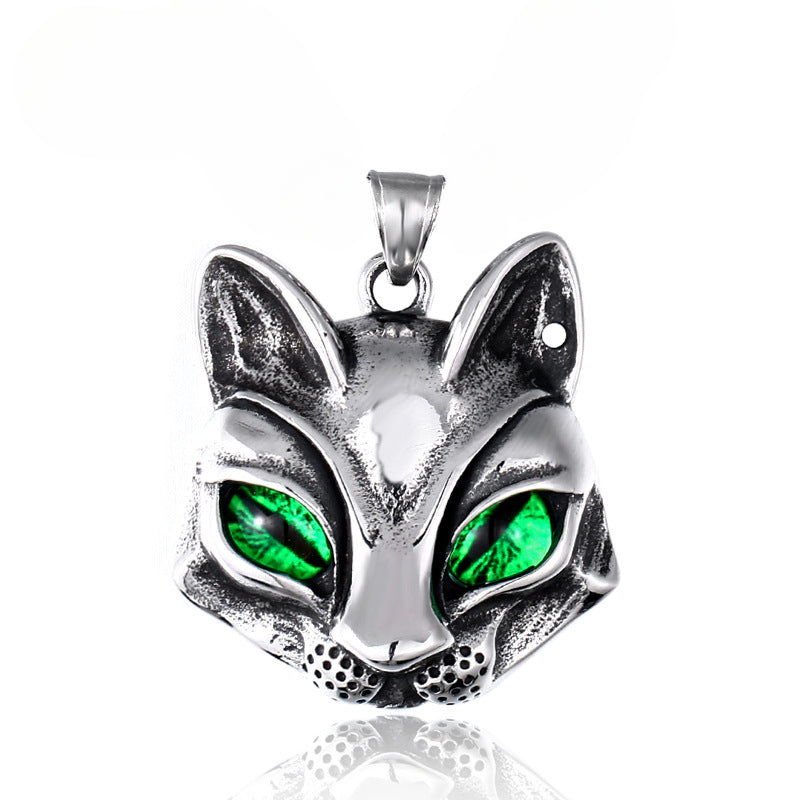 Titanium Steel Green-Eyed Fox Head Pendant - Retro Cat Design for Men