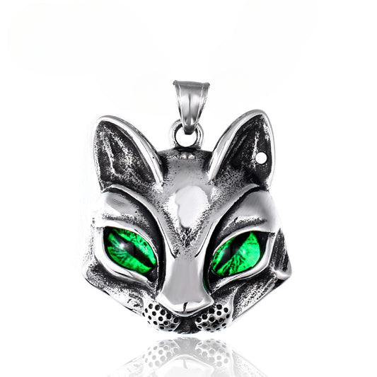 Titanium Steel Green-Eyed Fox Head Pendant - Retro Cat Design for Men