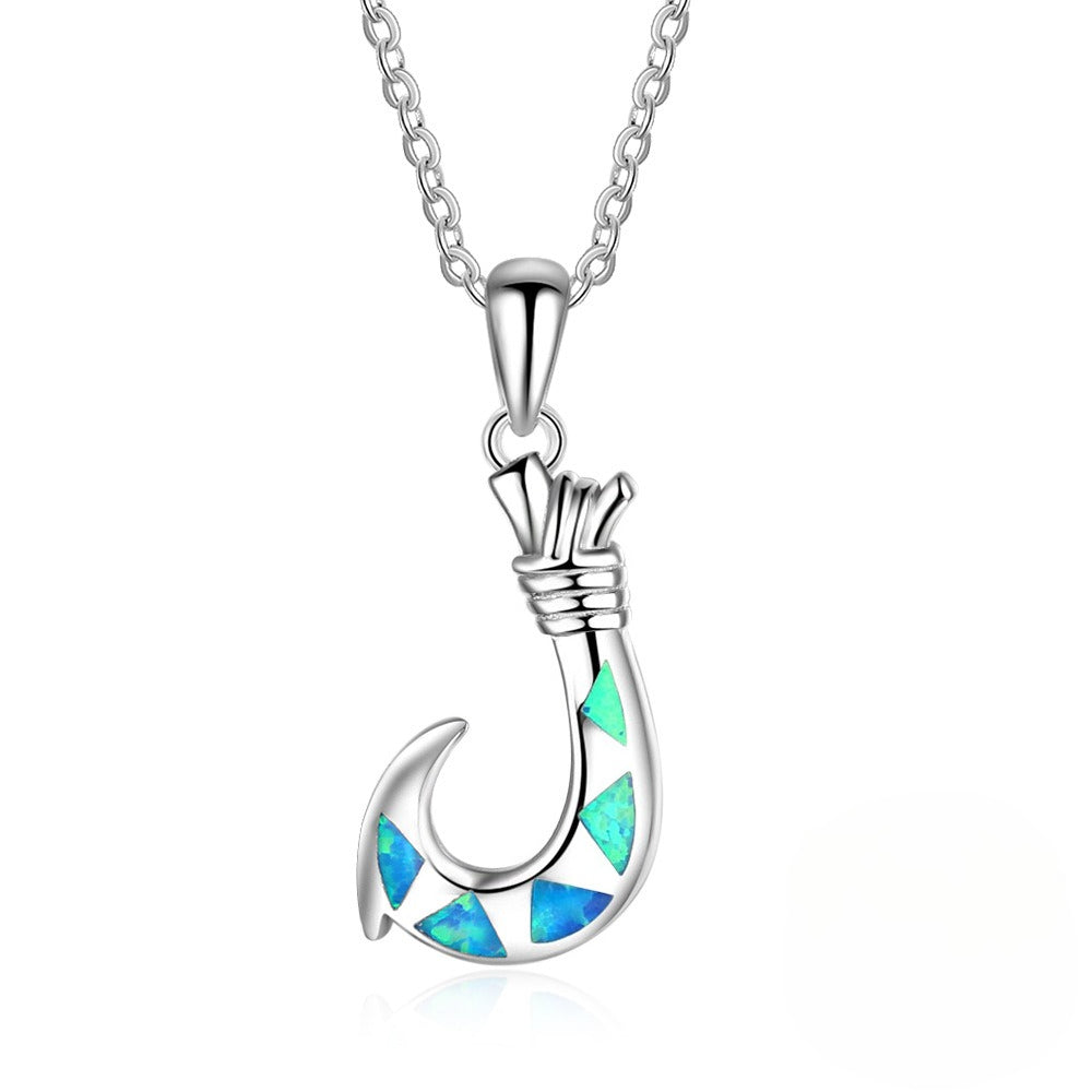 Planderful Jewelry Blue Opal Necklace In Sterling Silver Hook Pendant For Everyday Elegance
