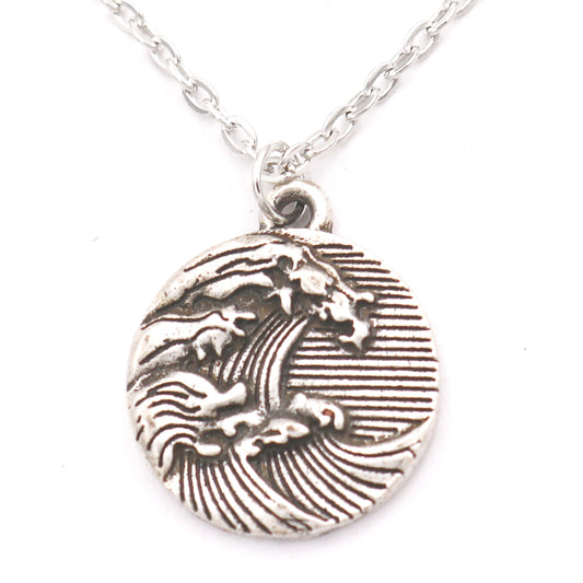 Hawaiian Wave Alloy Pendant Necklace with O-shaped Chain - Retro Wave Jewelry for Men
