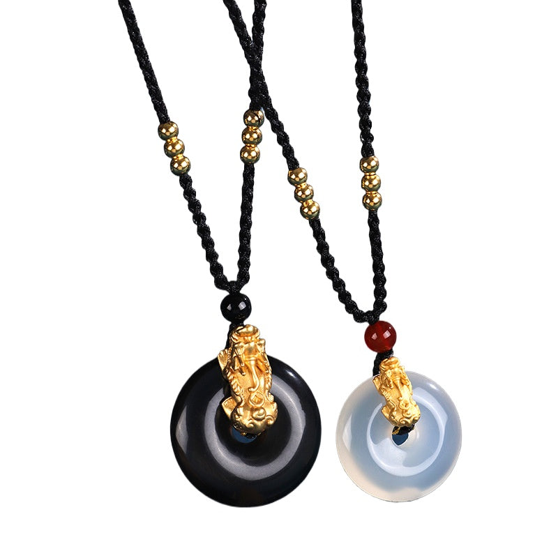 999 Silver Obsidian Agate Pixiu Peace Buckle Pendant Necklace