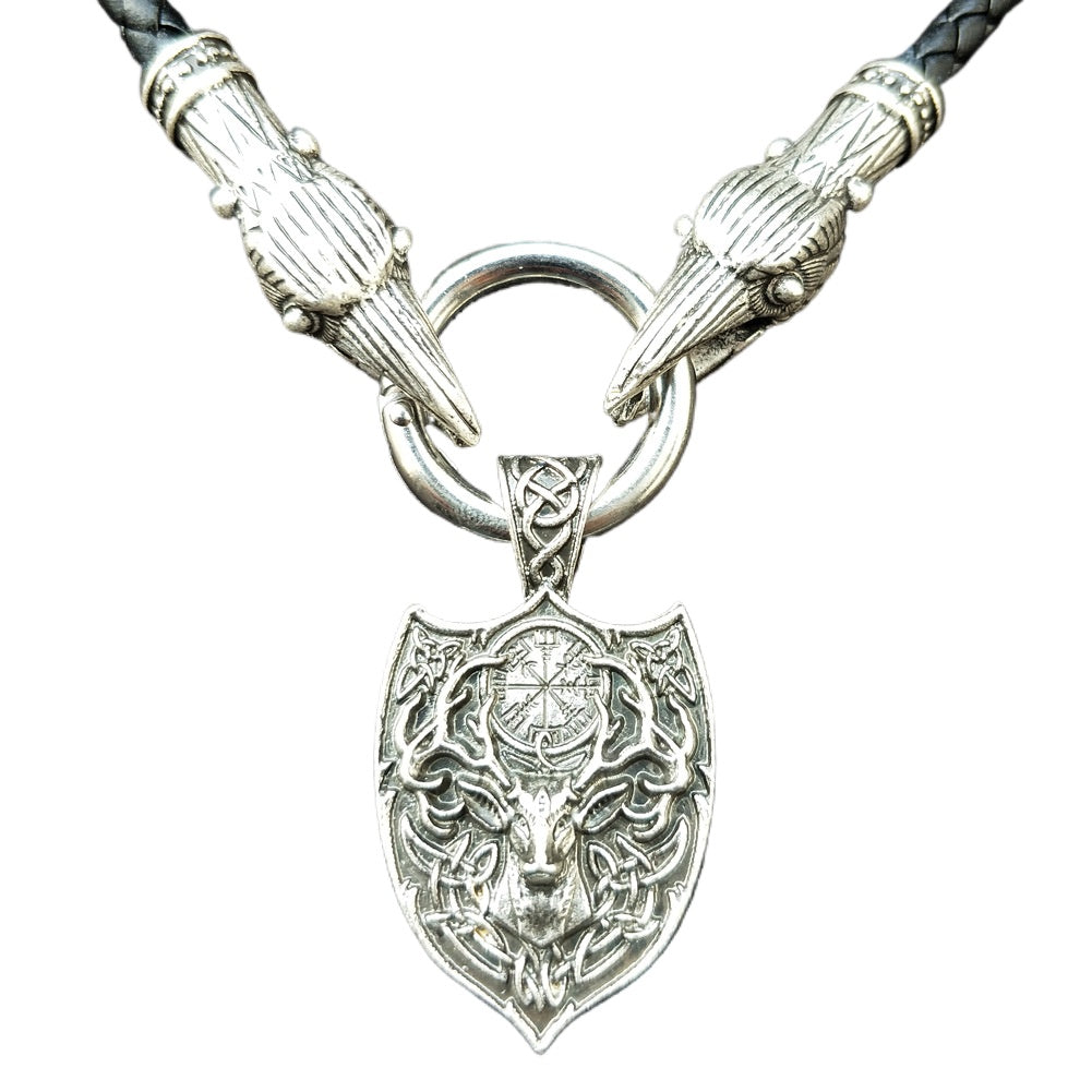 Viking Legacy Double Deer Pendant Necklace with Compass - Men's Fashion Jewelry