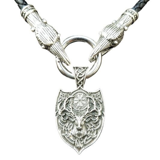 Viking Legacy Double Deer Pendant Necklace with Compass - Men's Fashion Jewelry