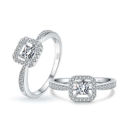 Elegant S925 Sterling Silver Square Hollow Women's Ring with Zircon Gems