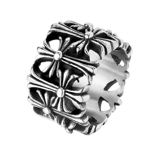 Hollow Forward Reverse Cross Flower Ultra Wide Titanium Steel Ring for Men