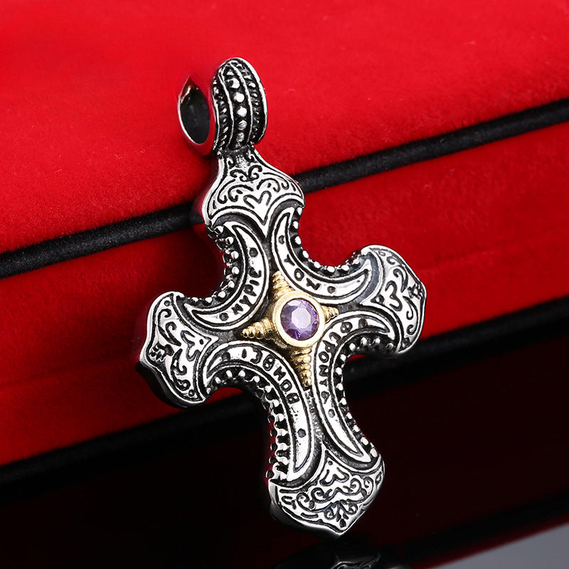 Personalized Titanium Steel Cross Pendant with Engraved Zircon for Men and Women - Wholesale Retro Jewelry