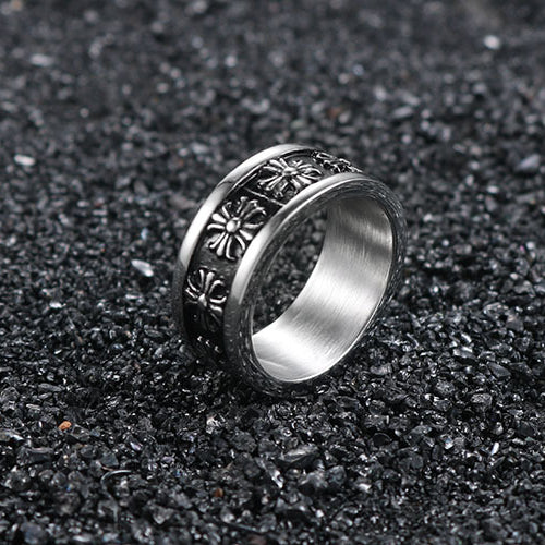 Punk Cross Flower Stainless Steel Ring - Unisex Retro Fashion Jewelry for Men and Women