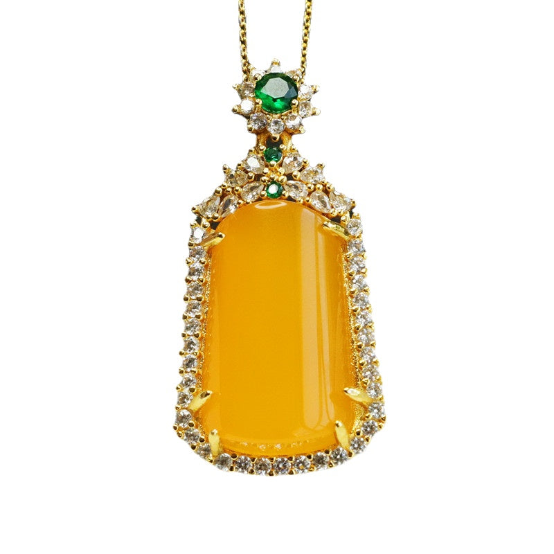 Golden Necklace with Yellow Chalcedony Pendant and Zircon Jewelry