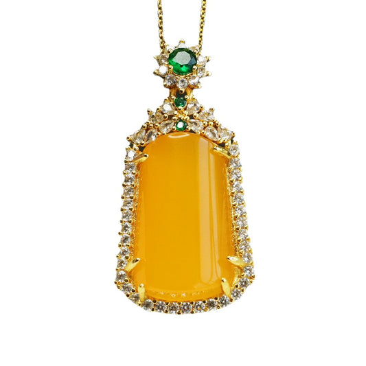 Golden Necklace with Yellow Chalcedony Pendant and Zircon Jewelry