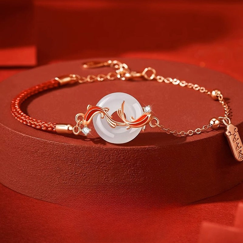 Planderful Sterling Silver Koi And Tian Jade Safety Buckle Bracelet Red Rope For Girlfriend Gift