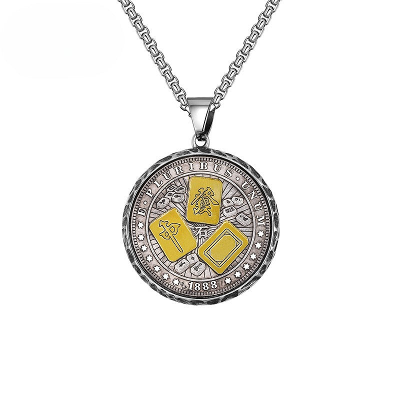 Stainless Steel Necklace - Statement Skull Disc Pendant With Mahjong Coin Charm Limited Edition