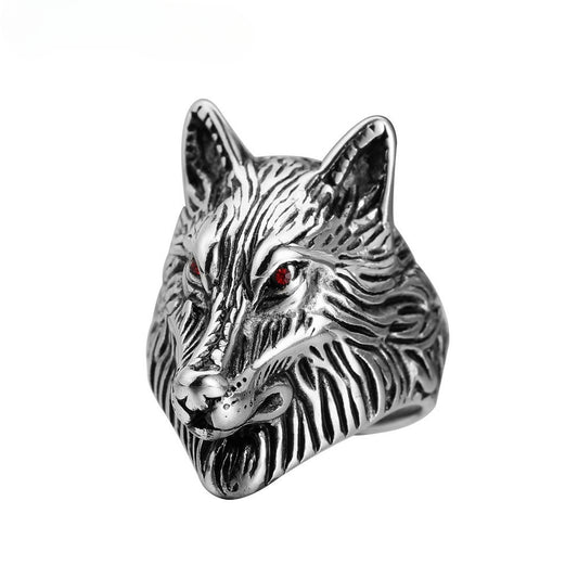 Red Eye Zircon Wolf Head Titanium Steel Ring for Men